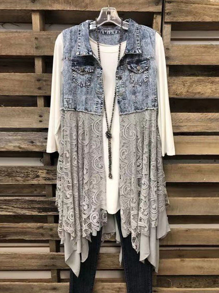 Lace Panel Denim Vest