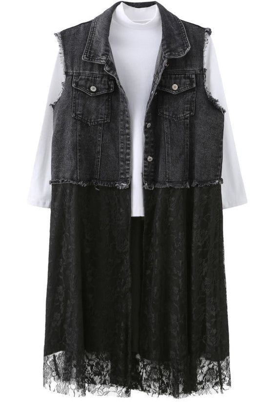 Lace Panel Denim Vest