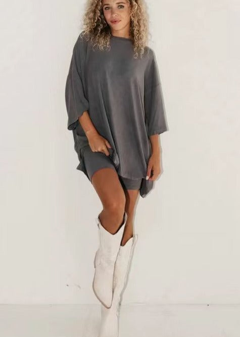 Casual Solid Color Loose T-shirt + Tight Shorts Set