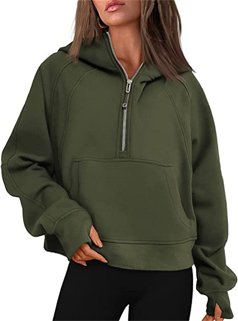 Half Zip Hooded Fleece Short Sweatshirt