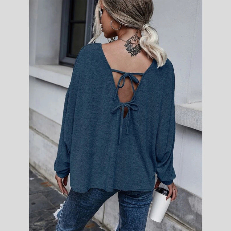 Solid Loose Lace-up Dropped Shoulder T-shirt