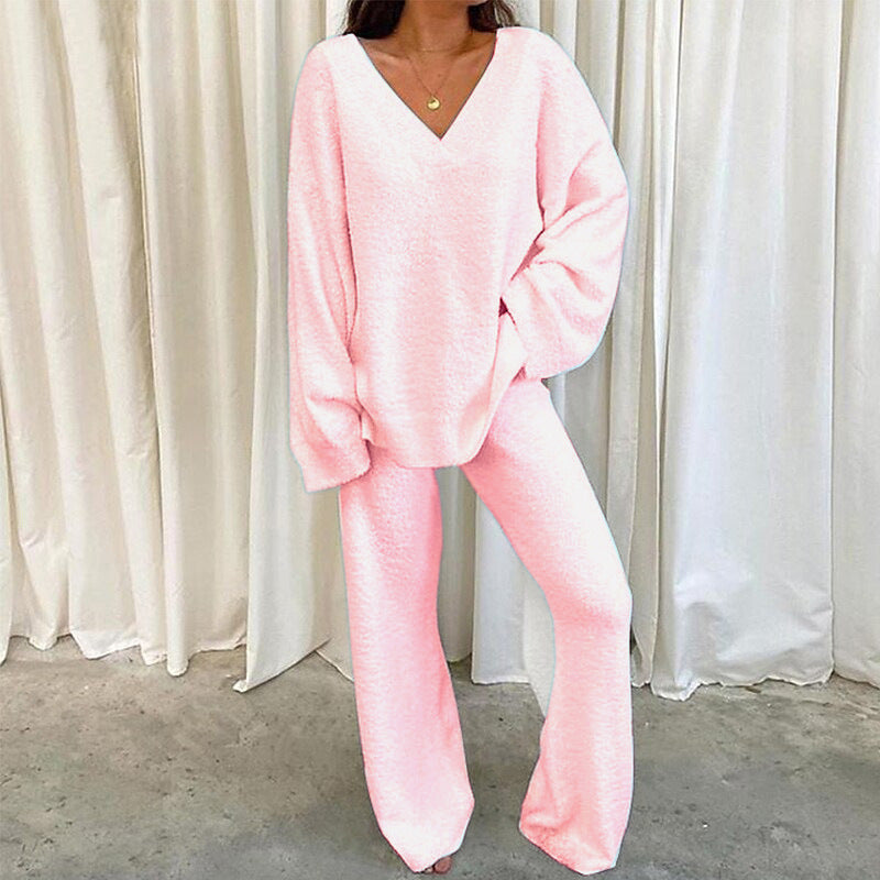 Solid Color V-neck Warm Loungewear Set