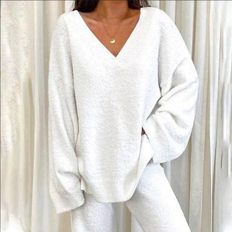 Solid Color V-neck Warm Loungewear Set