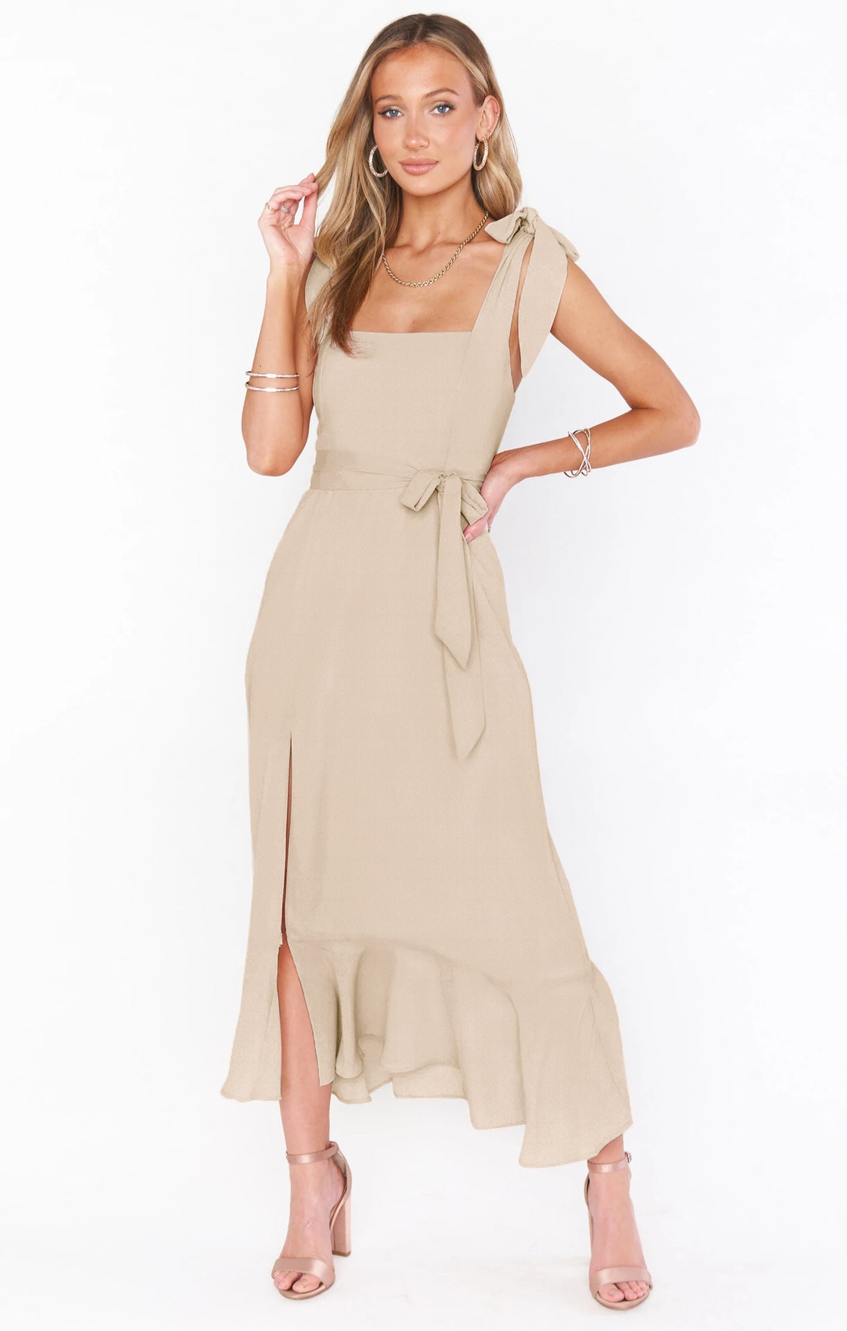 Adjustable Tie-strap Slit Dress