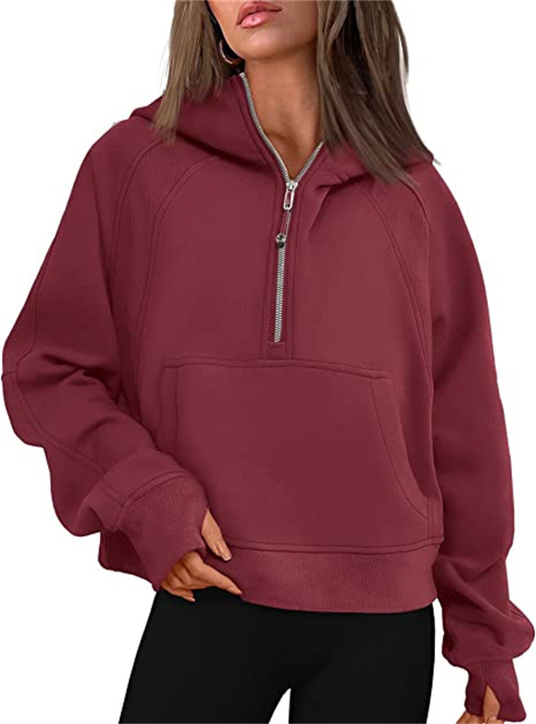 Half Zip Hooded Fleece Short Sweatshirt