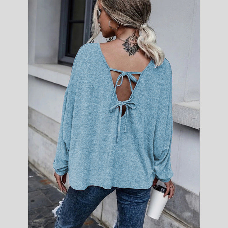 Solid Loose Lace-up Dropped Shoulder T-shirt