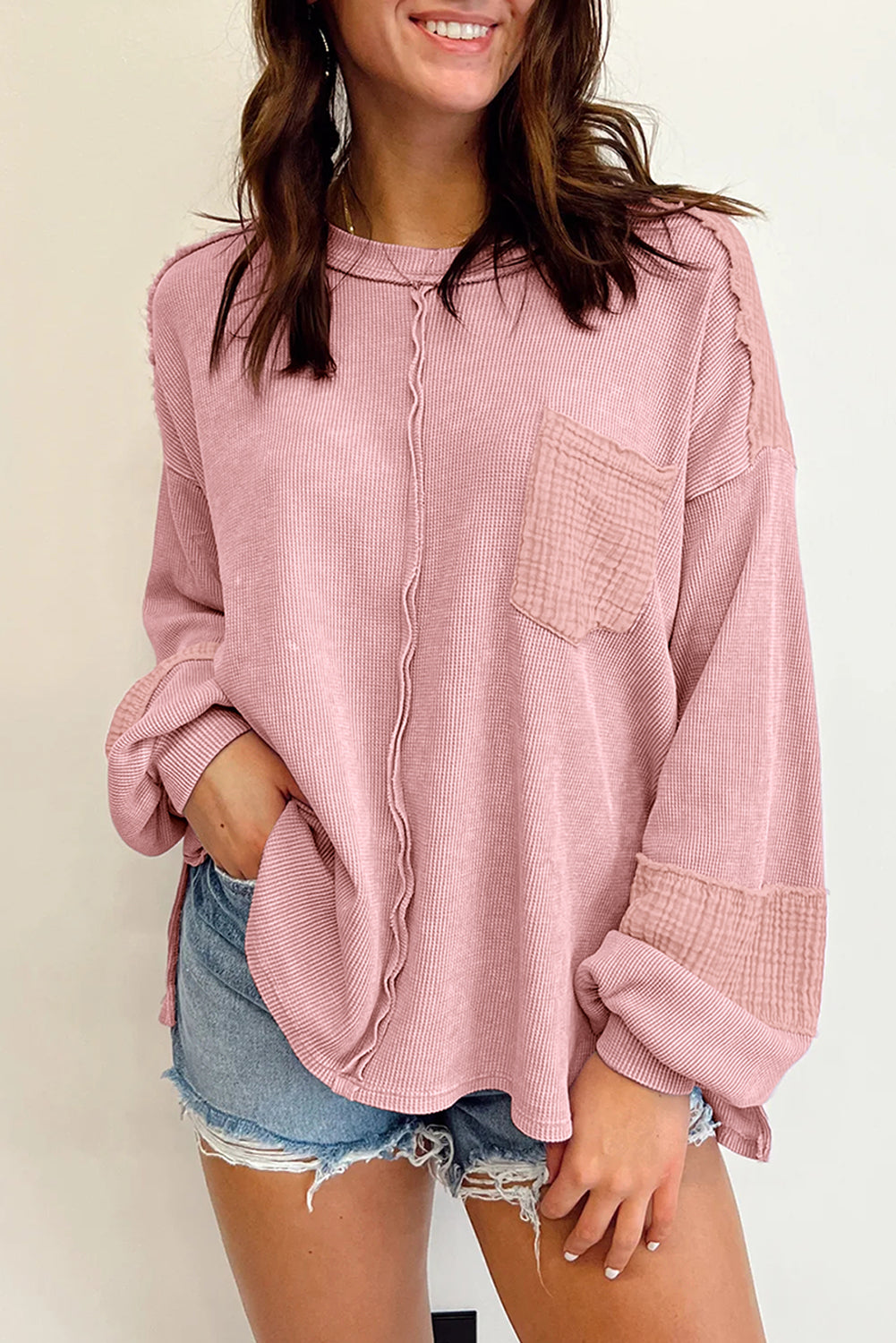 Exposed Seam Waffle Knit Top