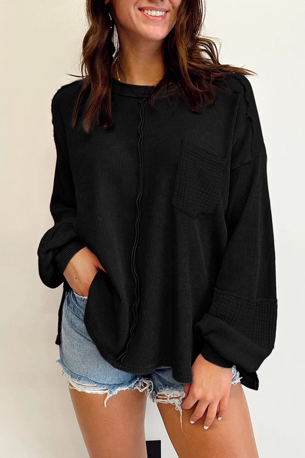 Exposed Seam Waffle Knit Top