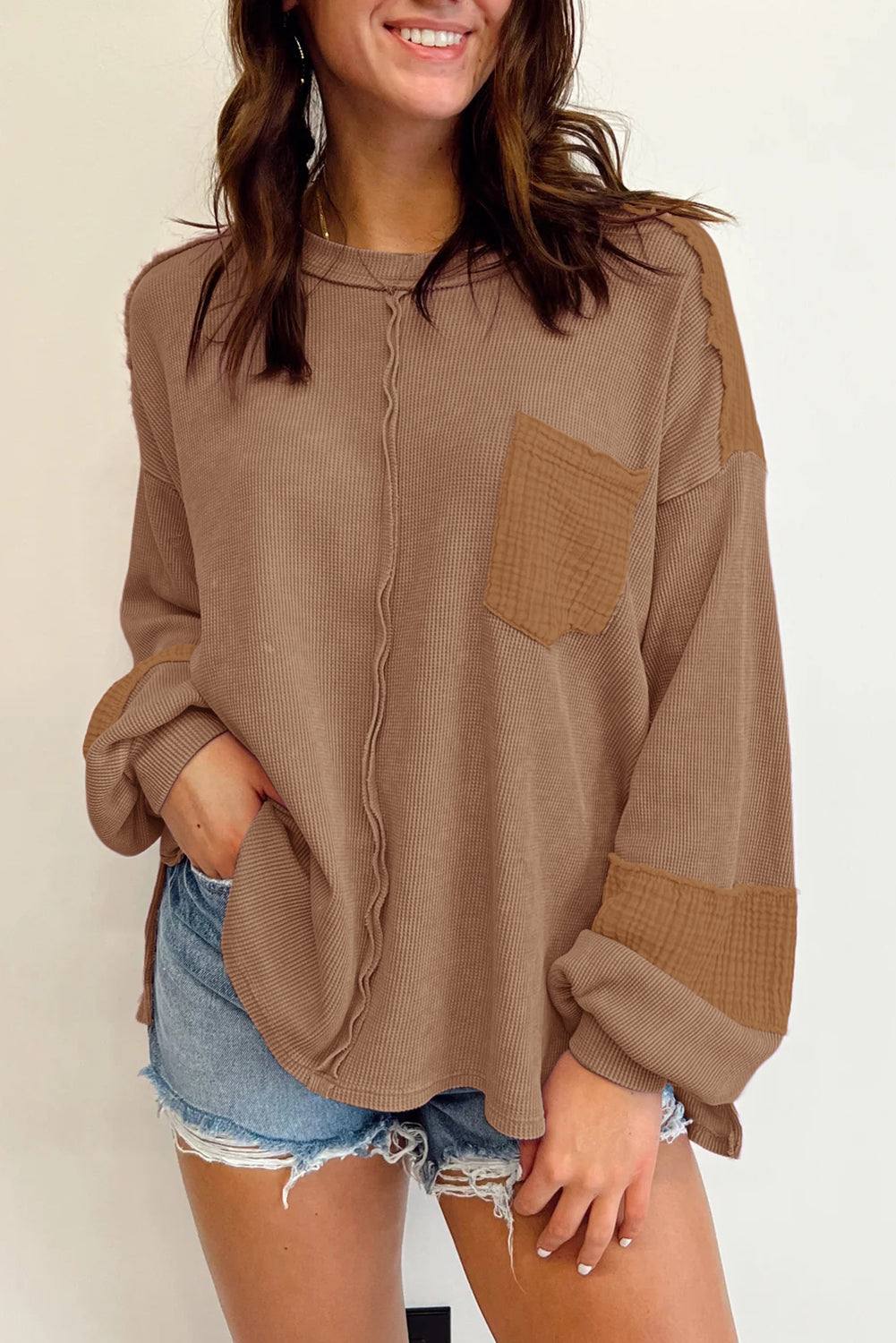 Exposed Seam Waffle Knit Top