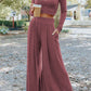 Solid Color Ribbed Crop Top Long Pants Set