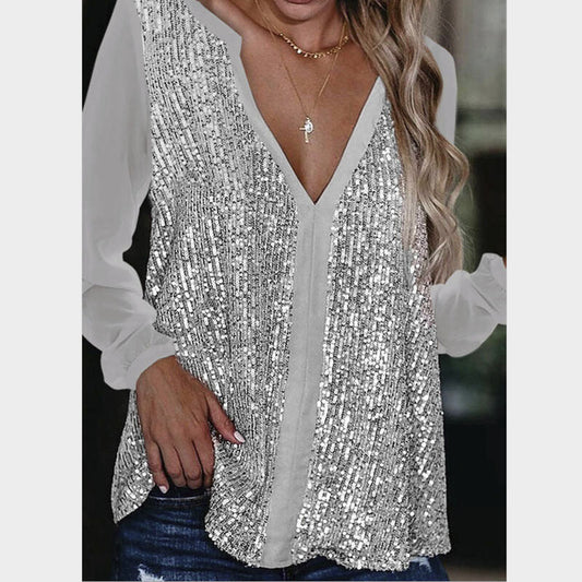 V-neck Sequin Long-Sleeved Top