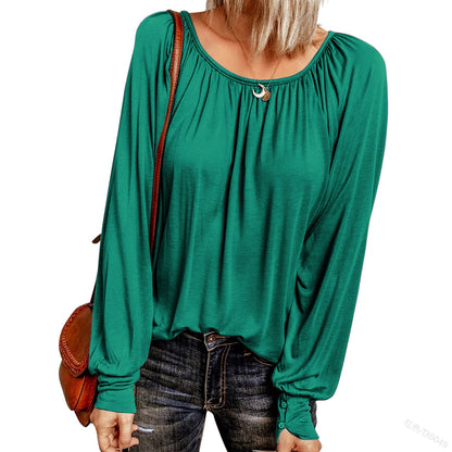 Crew Neck Pleated Long Sleeve Top