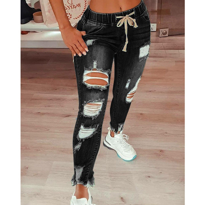 Elastic Waist Drawstring Ripped Jeans