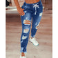 Elastic Waist Drawstring Ripped Jeans