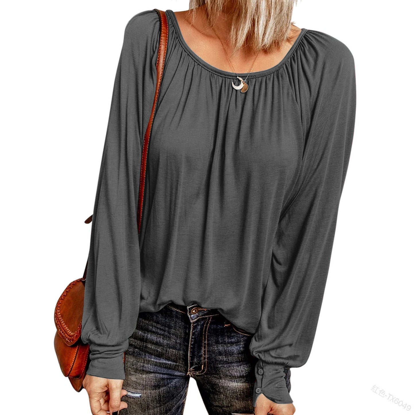 Crew Neck Pleated Long Sleeve Top