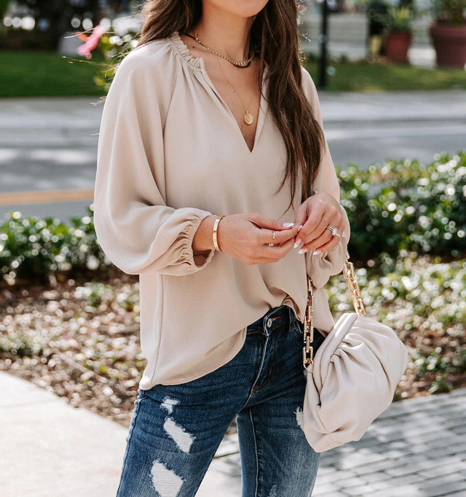 V Neck Puff Sleeve Shirt