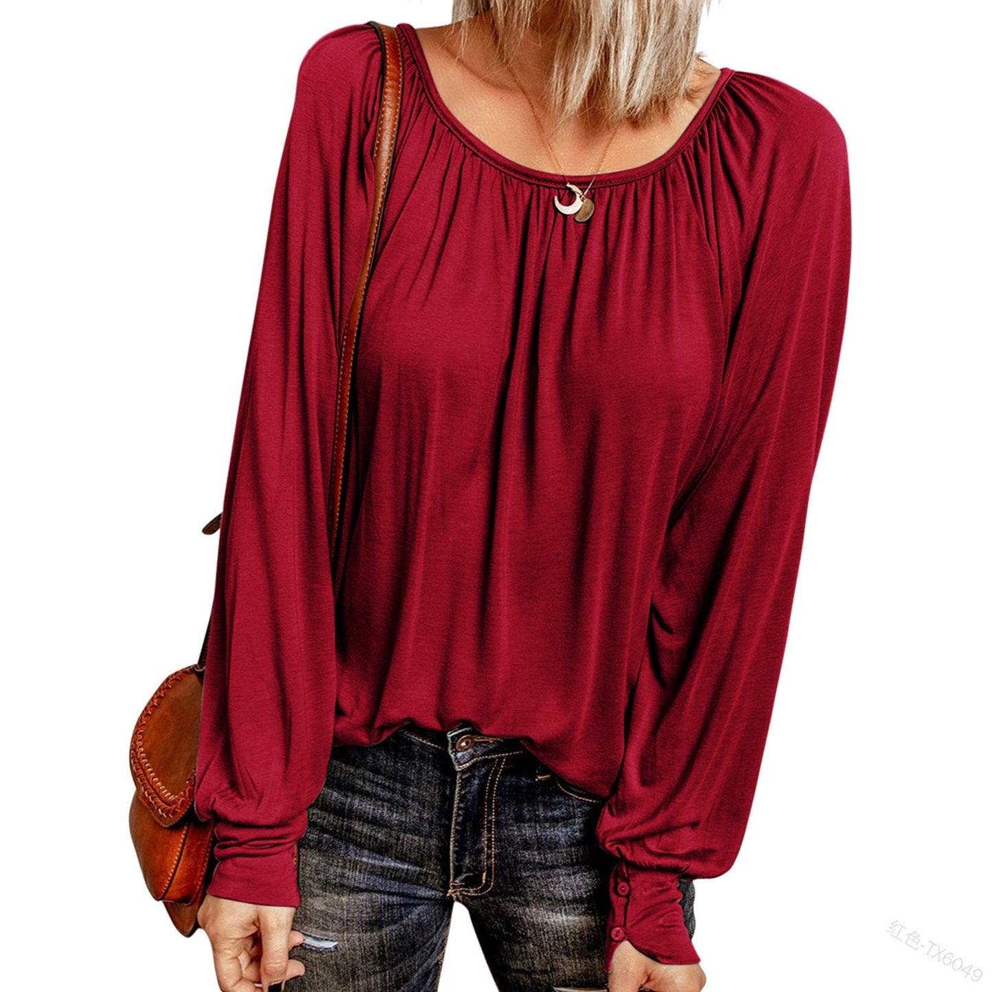 Crew Neck Pleated Long Sleeve Top