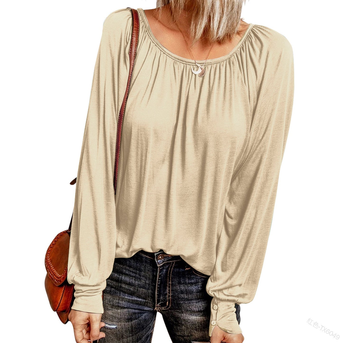 Crew Neck Pleated Long Sleeve Top