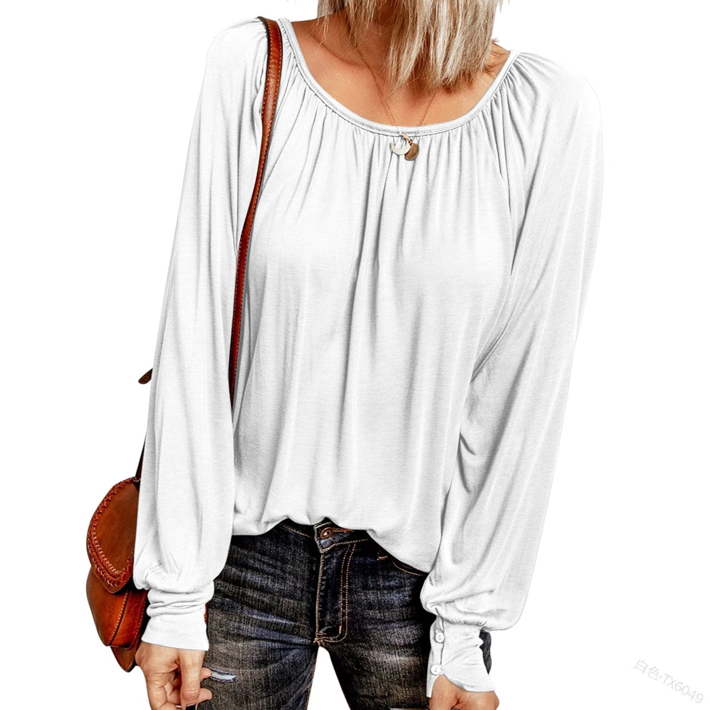 Crew Neck Pleated Long Sleeve Top