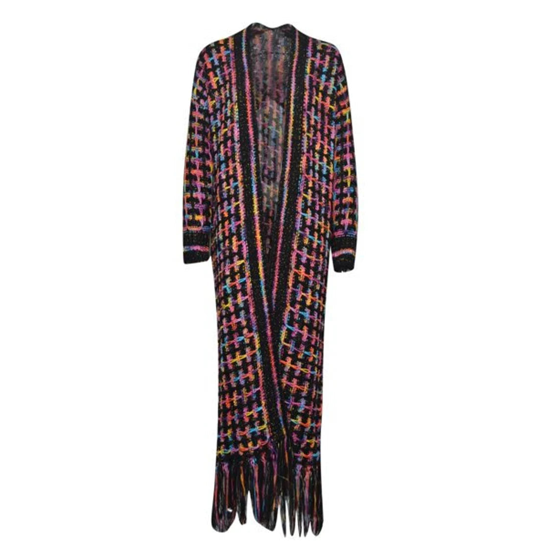 Maxi Cardigan in Multi Colors with Fringe Hem