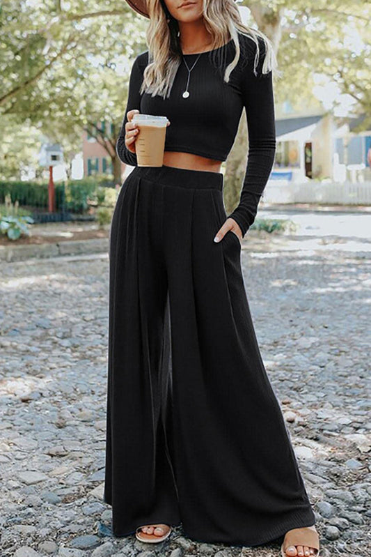 Solid Color Ribbed Crop Top Long Pants Set